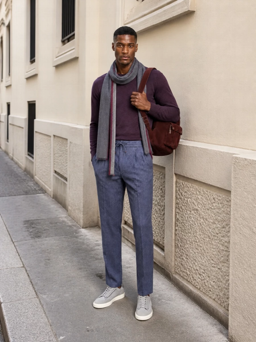 Brunello cucinelli plum sweater slate trouser outfit