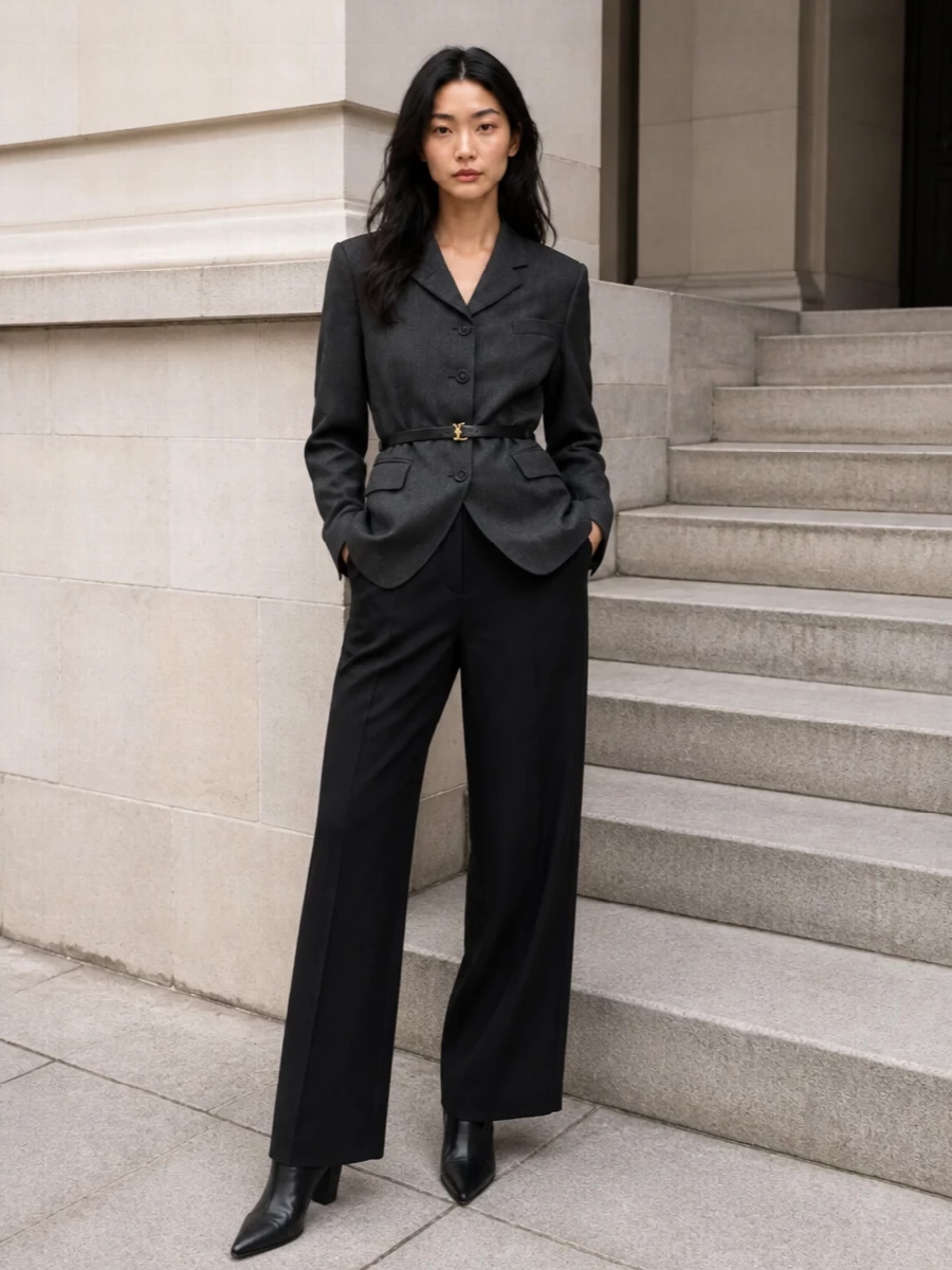 Jil sander charcoal blazer black wide leg trousers