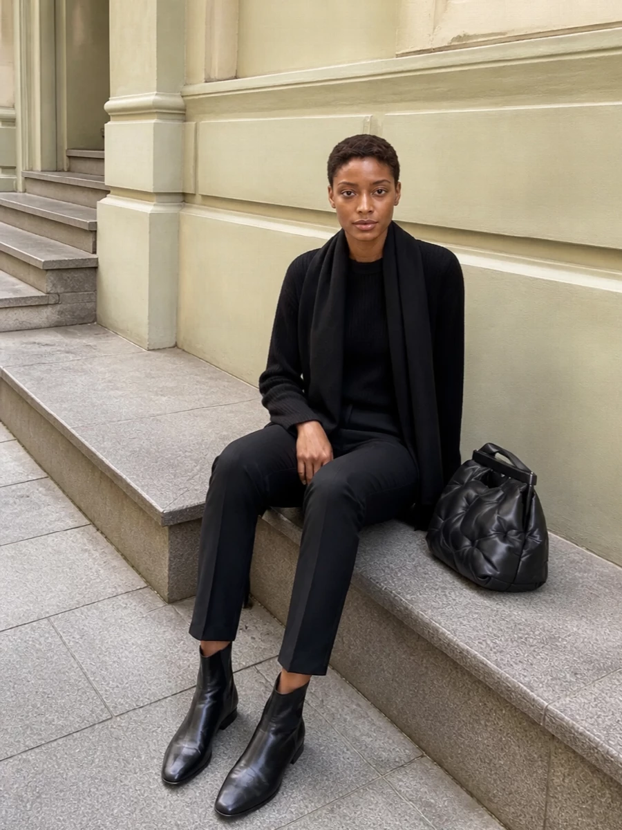 Extreme cashmere the row black minimalist outfit