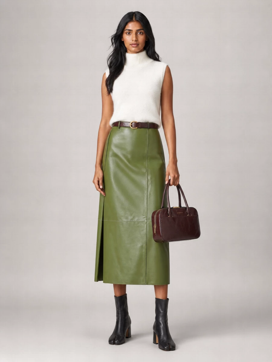 Marni Leather Asymmetric Pocket Midi Straight Skirt