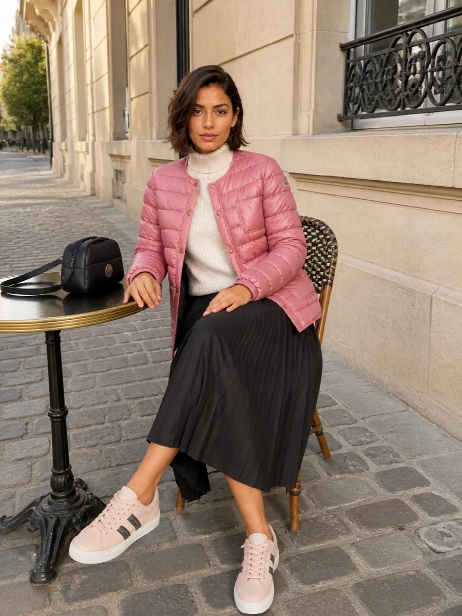 Moncler pink puffer cream knit midi skirt