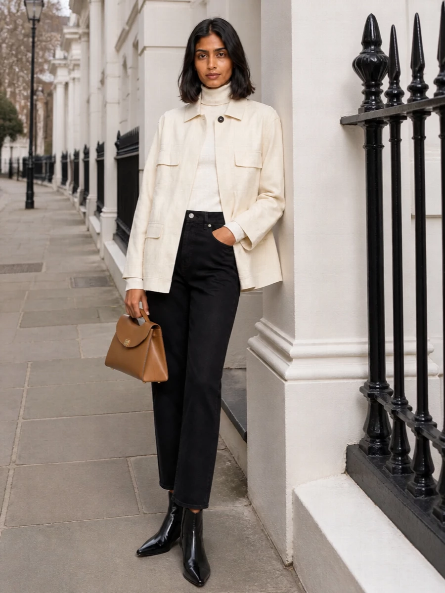 Toteme cream jacket black jeans ankle boots