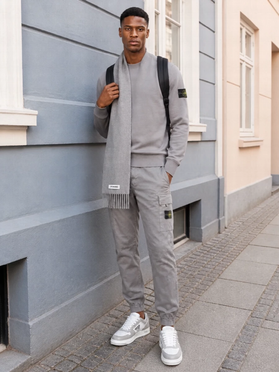 Stone island grey sweatshirt cargo joggers prada sneakers