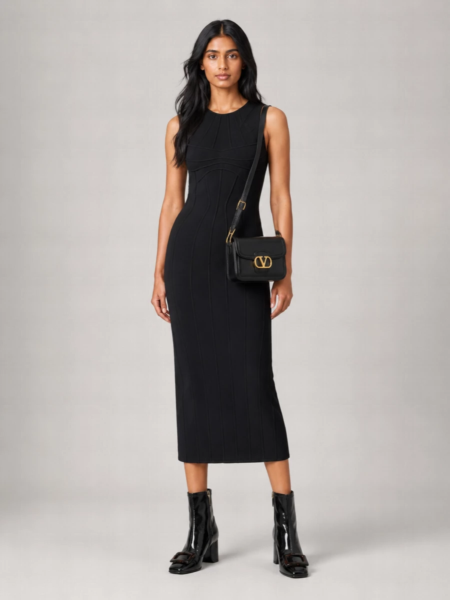 I’m building this around the dress route rather than suiting, so the boots frame a single, sculpted column instead of breaking the line with a separate trouser. The Attico midi and patent ankle pumps read like a modern cocktail uniform, all black, all structure, with the Valentino box bag adding just enough metal to pick up the tortoiseshell buckle without diluting the clean, tailored mood. It is a quietly dramatic evening ensemble that feels precise rather than overtly sexy, ideal for serious dinners or gallery nights where the cut does the talking.