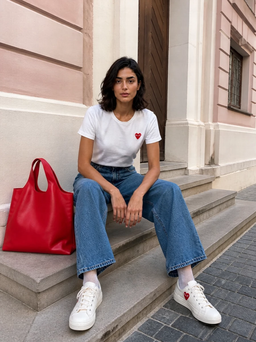 Comme des garcons tee ami wide leg jeans outfit