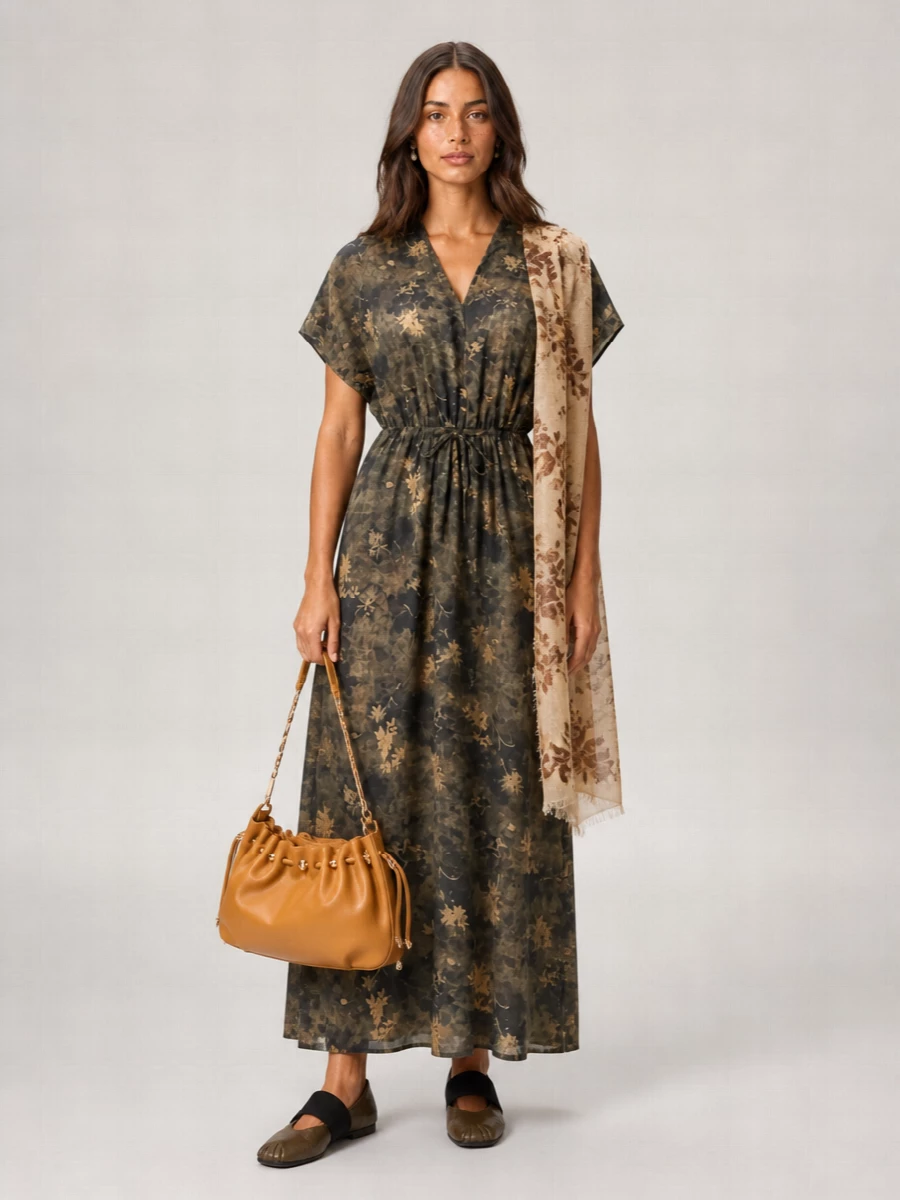 Uma Wang Floral Print V-Neck Short-Sleeve Midi Dress