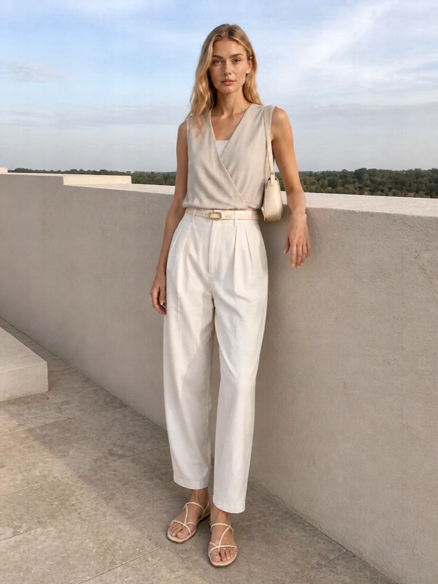 Alysi wrap top off white tailored trousers outfit