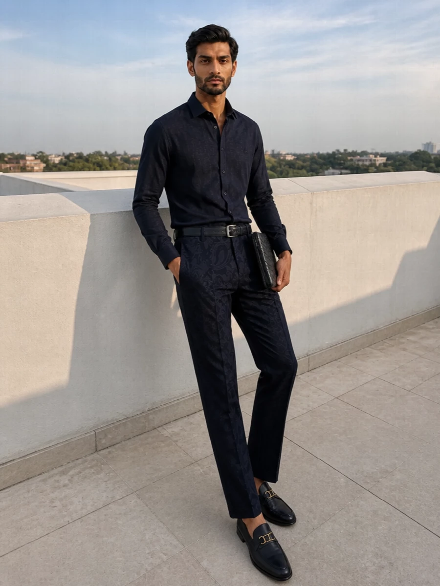Etro navy paisley trousers evening styling