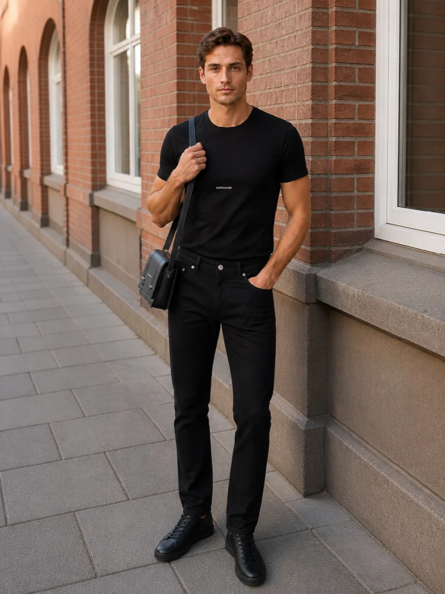 A black-on-black palette keeps this combination sharp and restrained, letting the Saint Laurent logo tee set a quiet focal point. Straight-leg Zegna trousers and The Row’s low-profile sneakers refine the silhouette into something relaxed but precise, ideal for city days that drift into low-key evenings. The structured Christian Louboutin crossbody adds just enough architecture without breaking the minimalist rhythm.