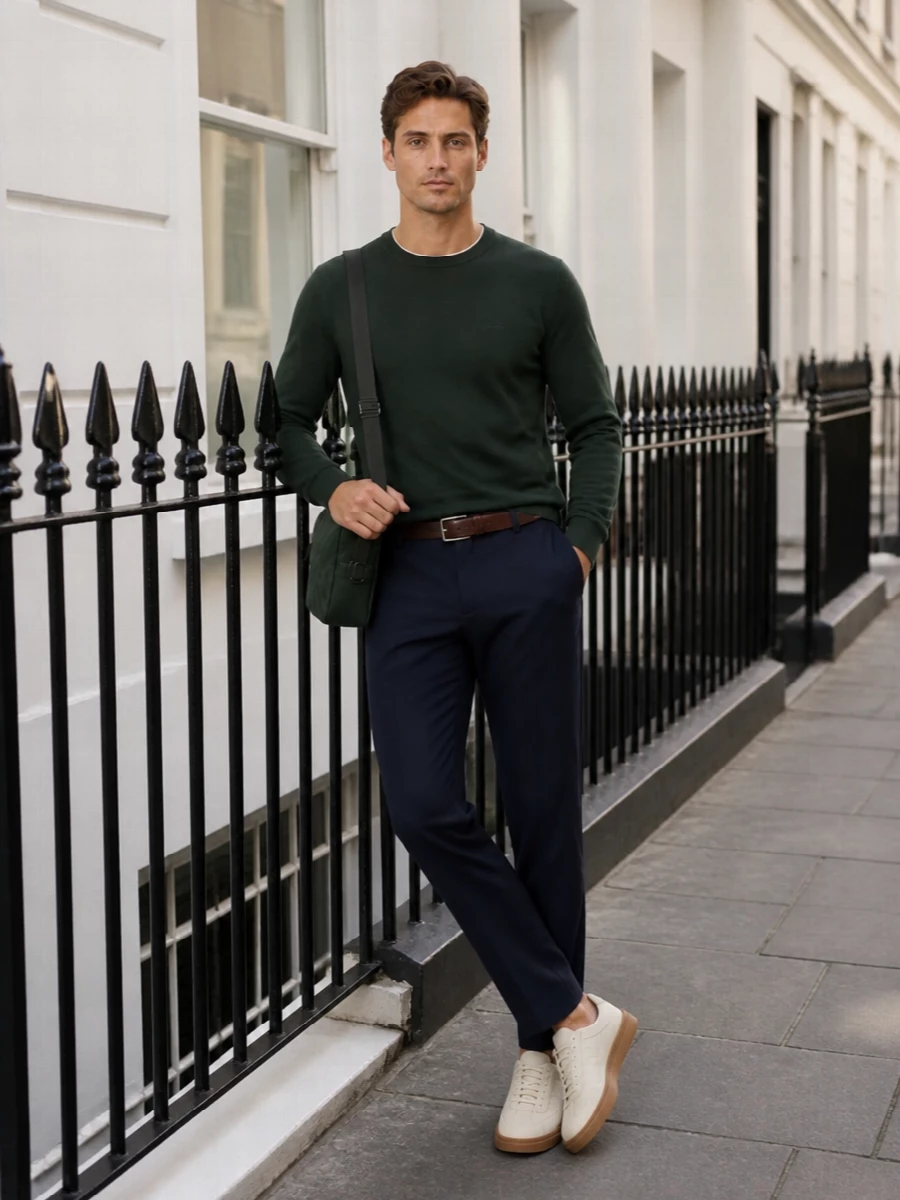 Boss green sweater navy trousers cream sneakers