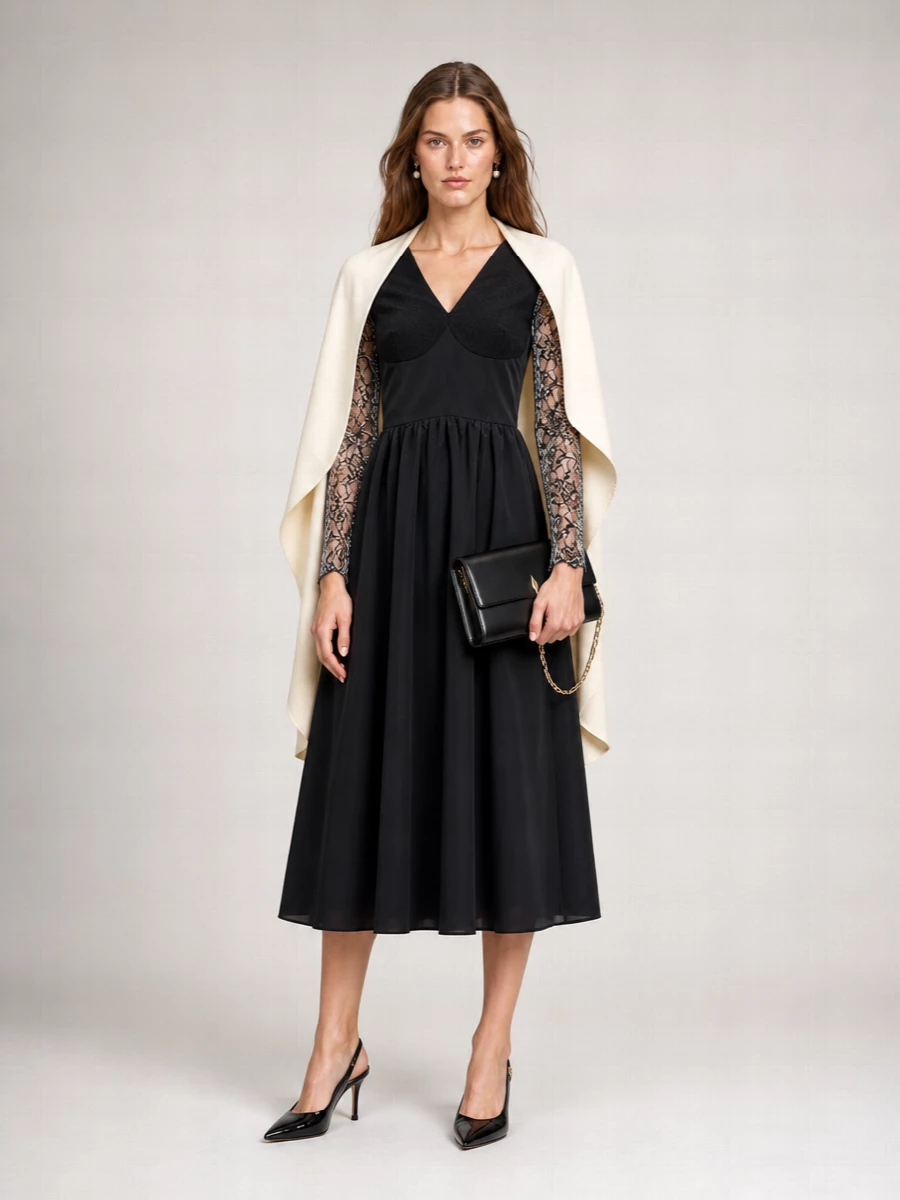 Lardini Polyester V-Neck Lace Long-Sleeve Midi Dress