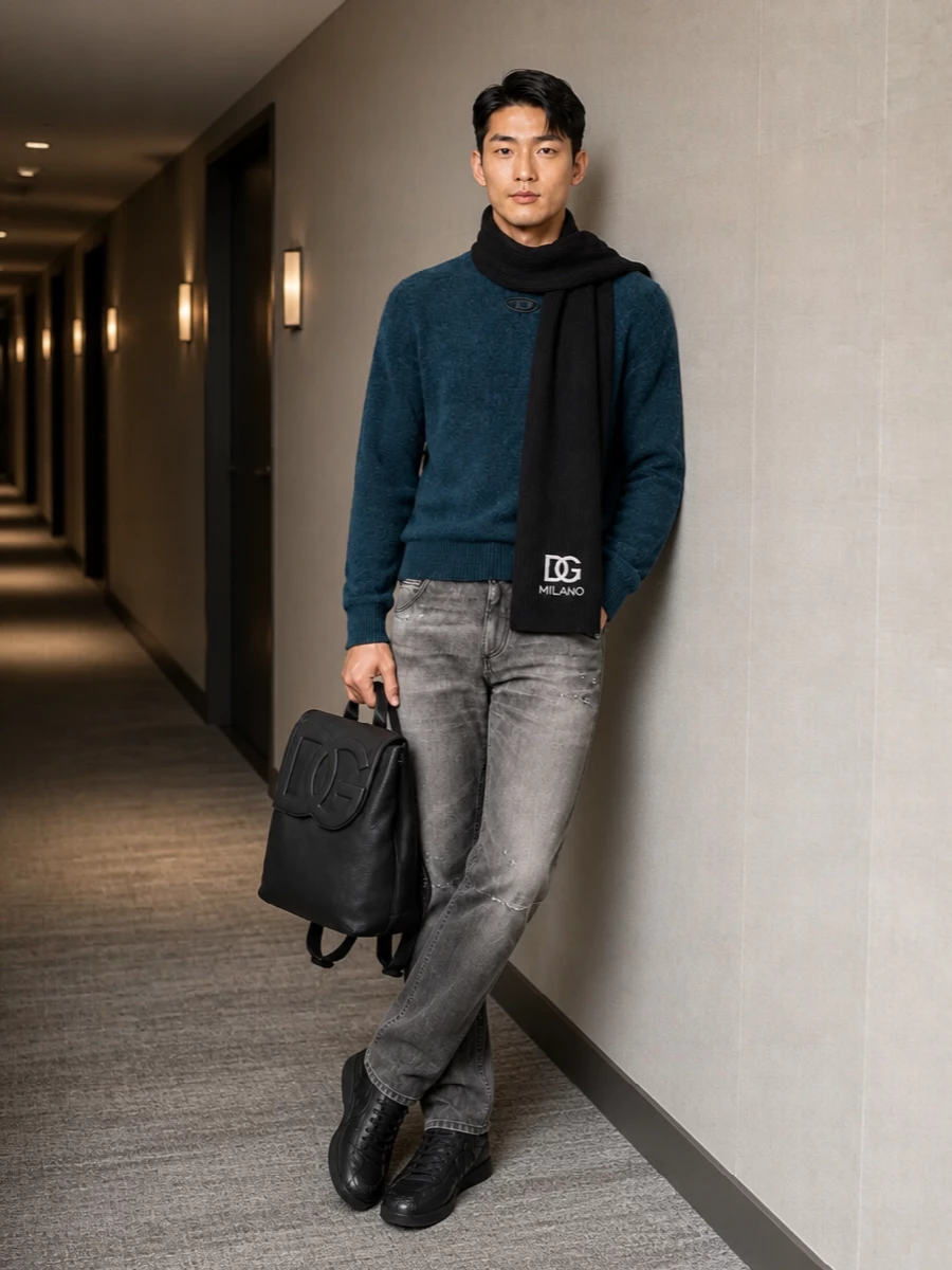Diesel teal sweater grey jeans black sneakers