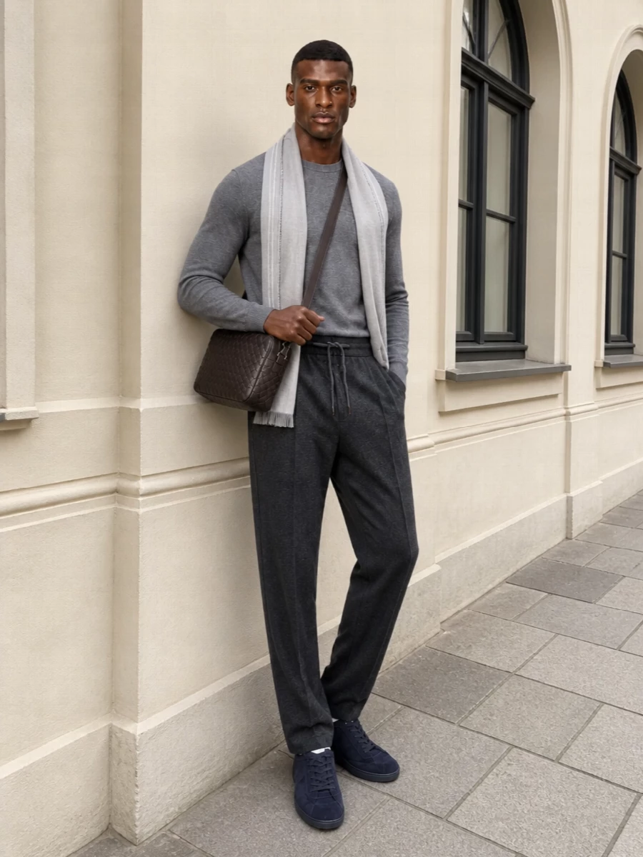A study in soft tailoring, this pairing leans into a charcoal story that feels composed without being formal. The pleated drawstring trouser and navy suede sneakers keep the mood relaxed, while the rich brown crossbody and tonal scarf add quiet depth and texture. It is the kind of refined casual combination that moves easily from creative office to weekend city afternoons.