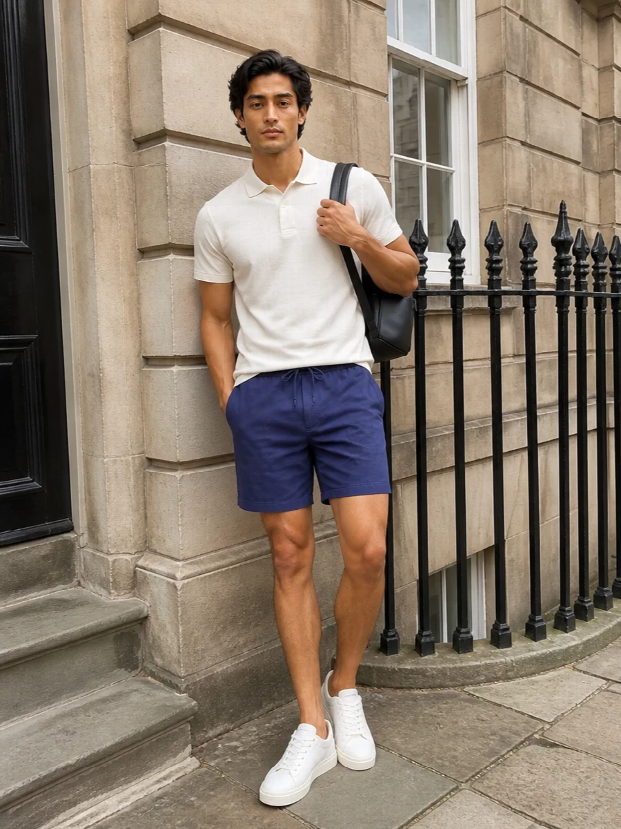 Emporio armani indigo shorts off white polo outfit