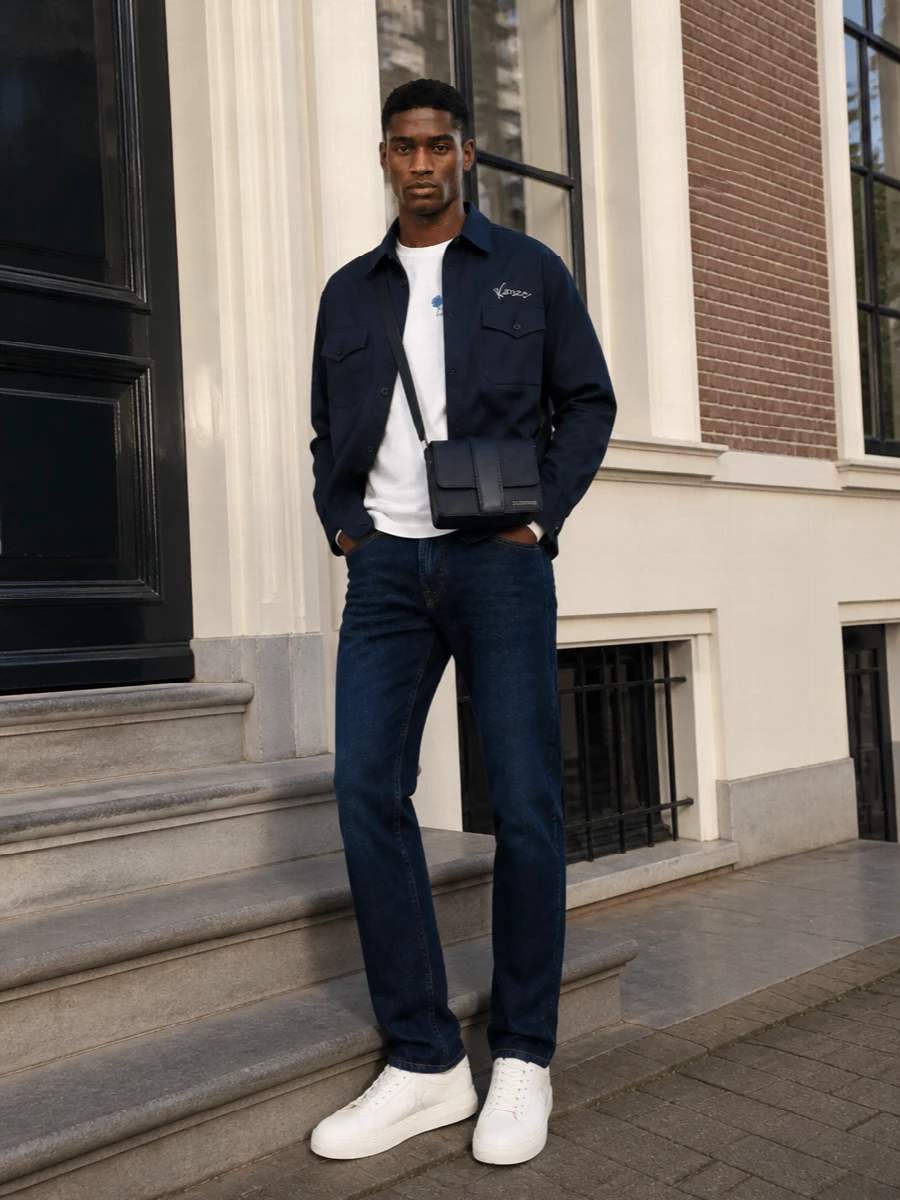 Kenzo navy overshirt dark jeans white sneakers