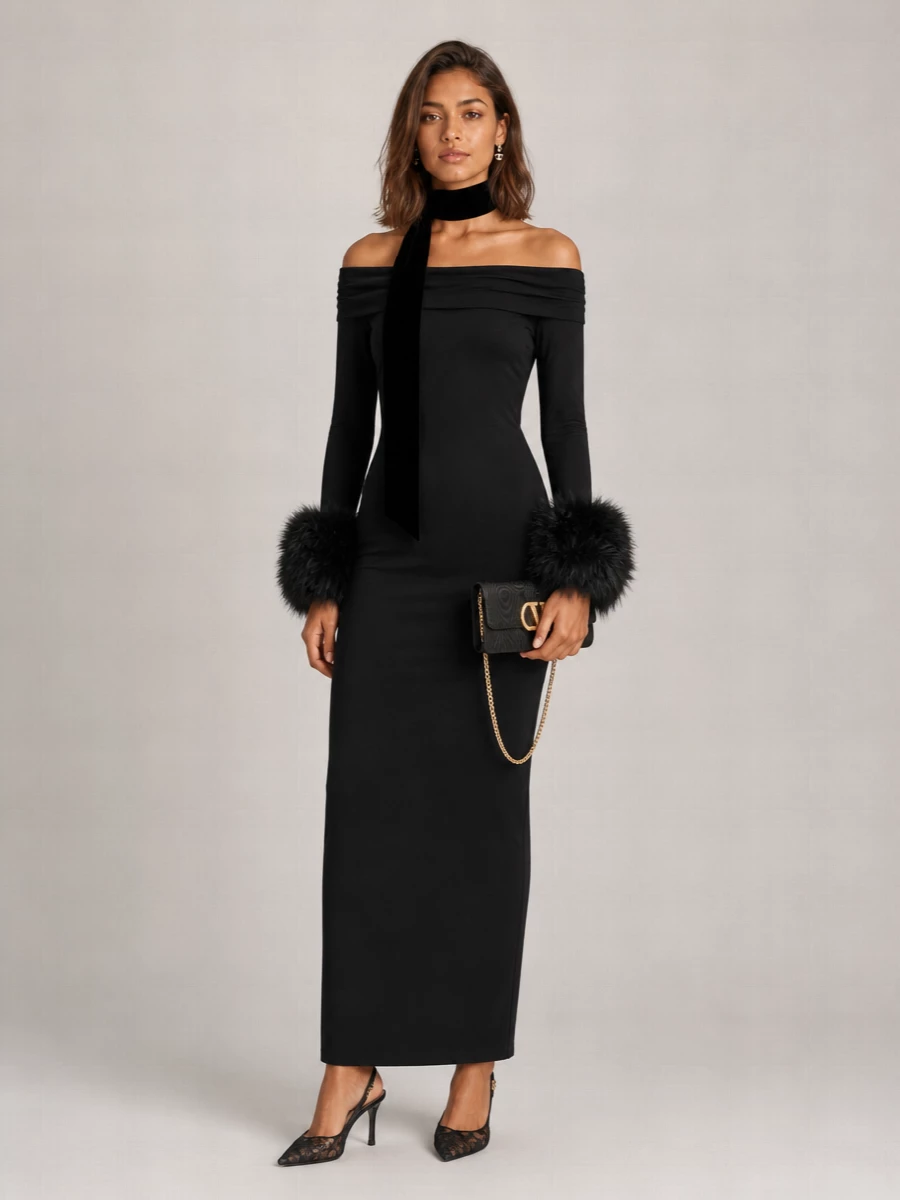 The Andamane Draped Off-Shoulder Long-Sleeve Maxi Dress