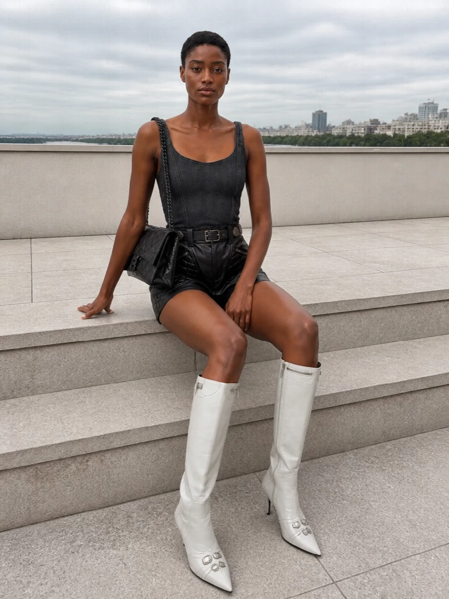 Balenciaga corset leather shorts knee boots outfit