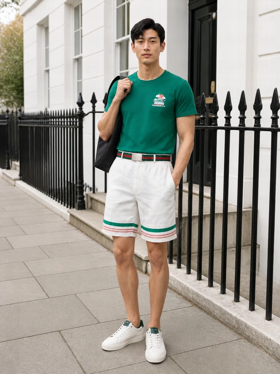 Casablanca green tee ivory deck shorts outfit