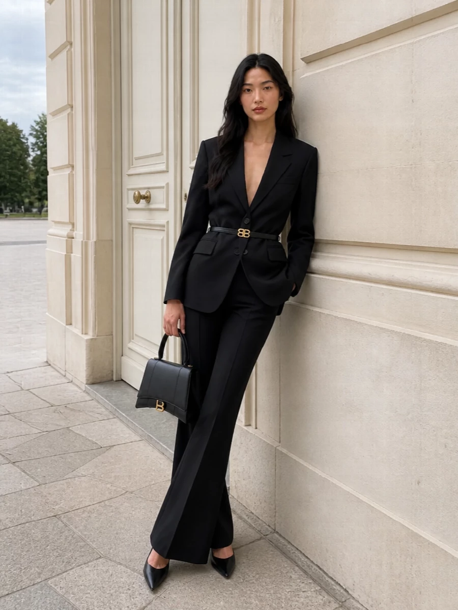 Balenciaga’s strong-shouldered blazer and high-rise flared trouser create a long, disciplined black column that feels distinctly architectural yet quietly restrained. A razor-clean pointed pump and sharp trapeze top-handle keep the energy evening-ready without adding noise, while the slim logo belt simply locks in the waist and the brand story. It is precise, confident suiting for dinners, openings and nights when polish needs to read as intent, not effort.