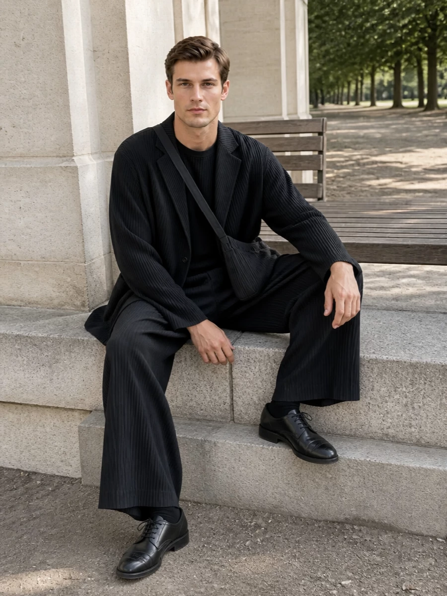 Homme plisse issey miyake pleated coat outfit