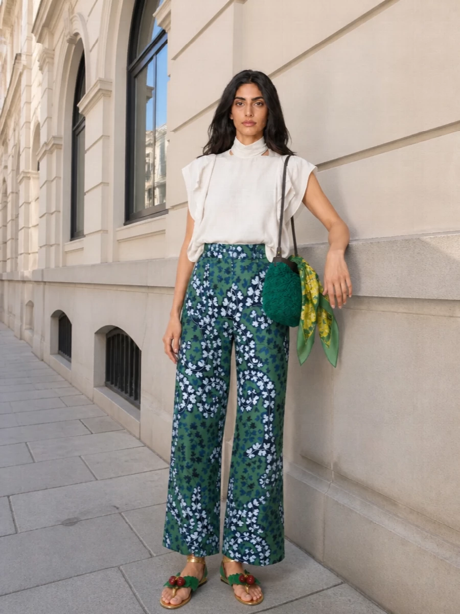 Lanvin’s floral wide-leg trouser is grounded with a sculpted ivory blouse, letting the print read fluid and refined rather than busy. Green and gold vine-detailed flats keep the mood romantic and relaxed, while an emerald textured shoulder bag and a botanical silk scarf echo the trouser’s palette with a subtle, art-world finish. The result feels ideal for warm-weather dinners or openings where you want color, movement, and poise in equal measure.