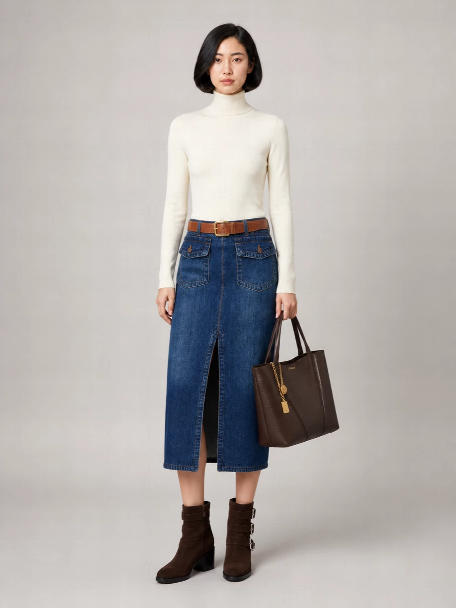Chloé Denim Mid-Rise Midi Straight Skirt