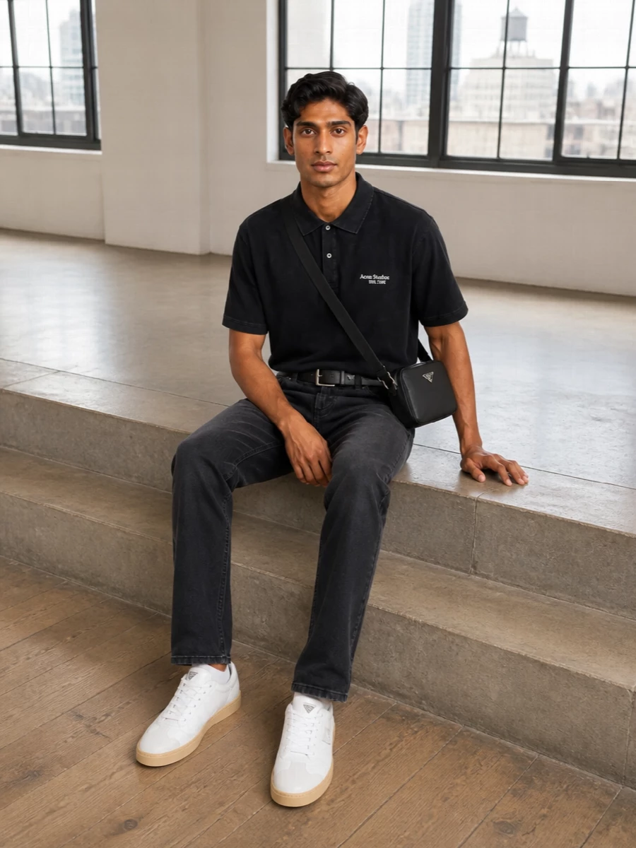Acne polo black jeans prada sneakers outfit