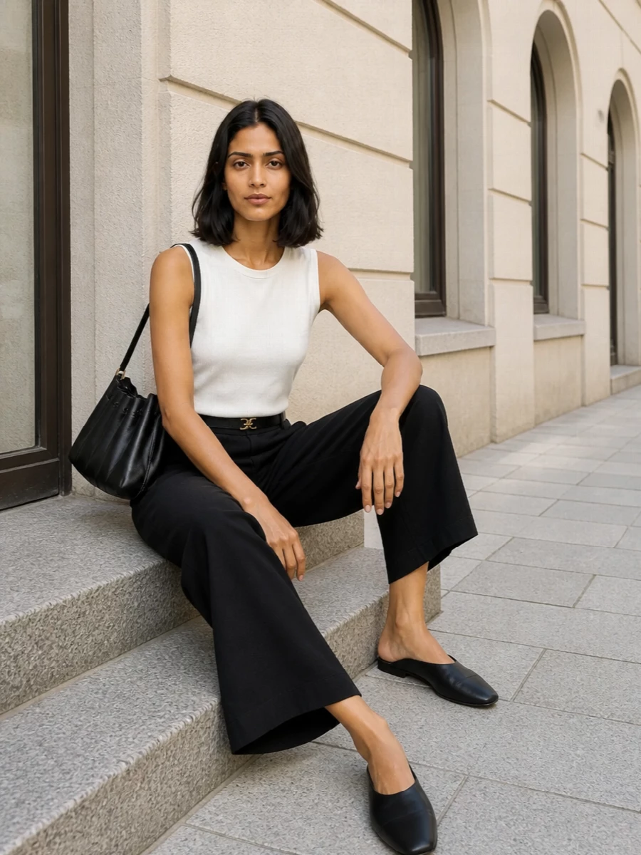 A crisp white shell sharpens the relaxed black wide-leg trouser, giving an easy column of monochrome that still feels considered. Flat black ballerinas and a sculptural black cross-body keep the palette tight and functional for city days. A slim black belt adds just enough definition at the waist to stop the volume reading slouchy.