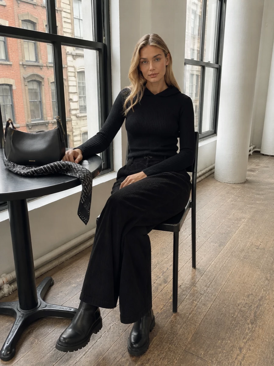 Frankie shop knit black wide leg trousers outfit