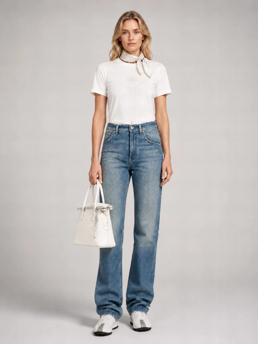 A crisp Margiela tee meets high-rise faded denim for a quietly precise take on casual dressing. Off-white sneakers and a structured white bag keep the palette serene while the sketch-print scarf adds a subtle, conceptual note. The result is relaxed but considered, ideal for city days where you want ease with a sharp point of view.