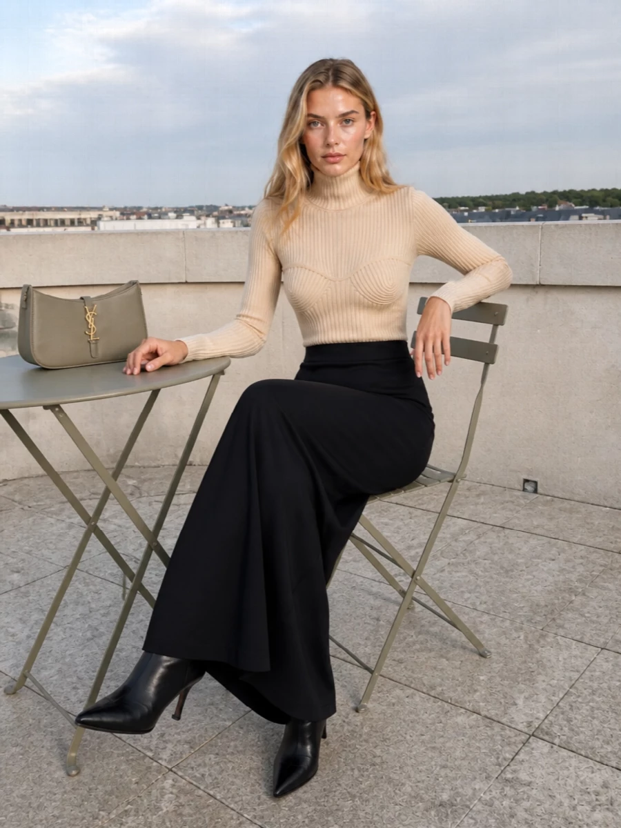 Gaultier bustier knit black maxi skirt outfit