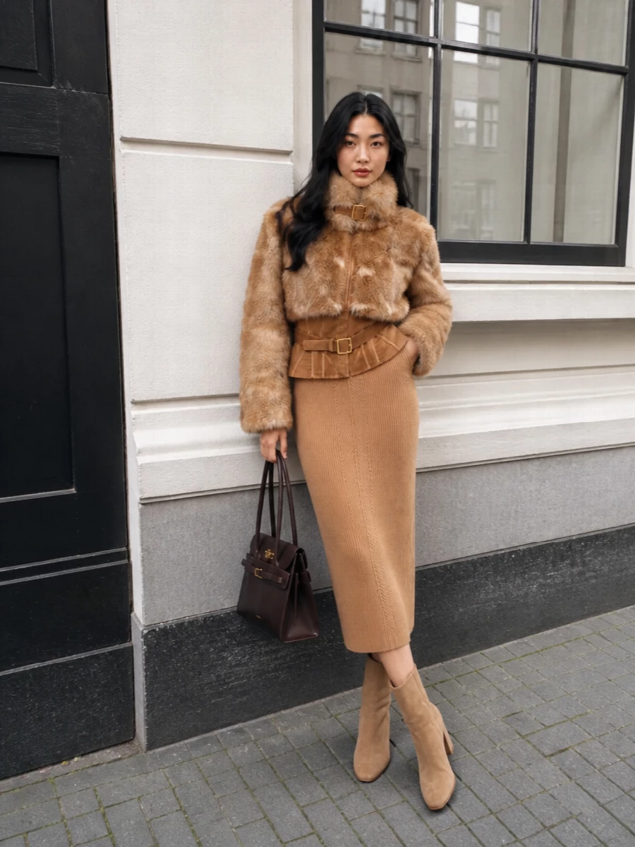 Elisabetta franchi camel fur coat ribbed midi dress