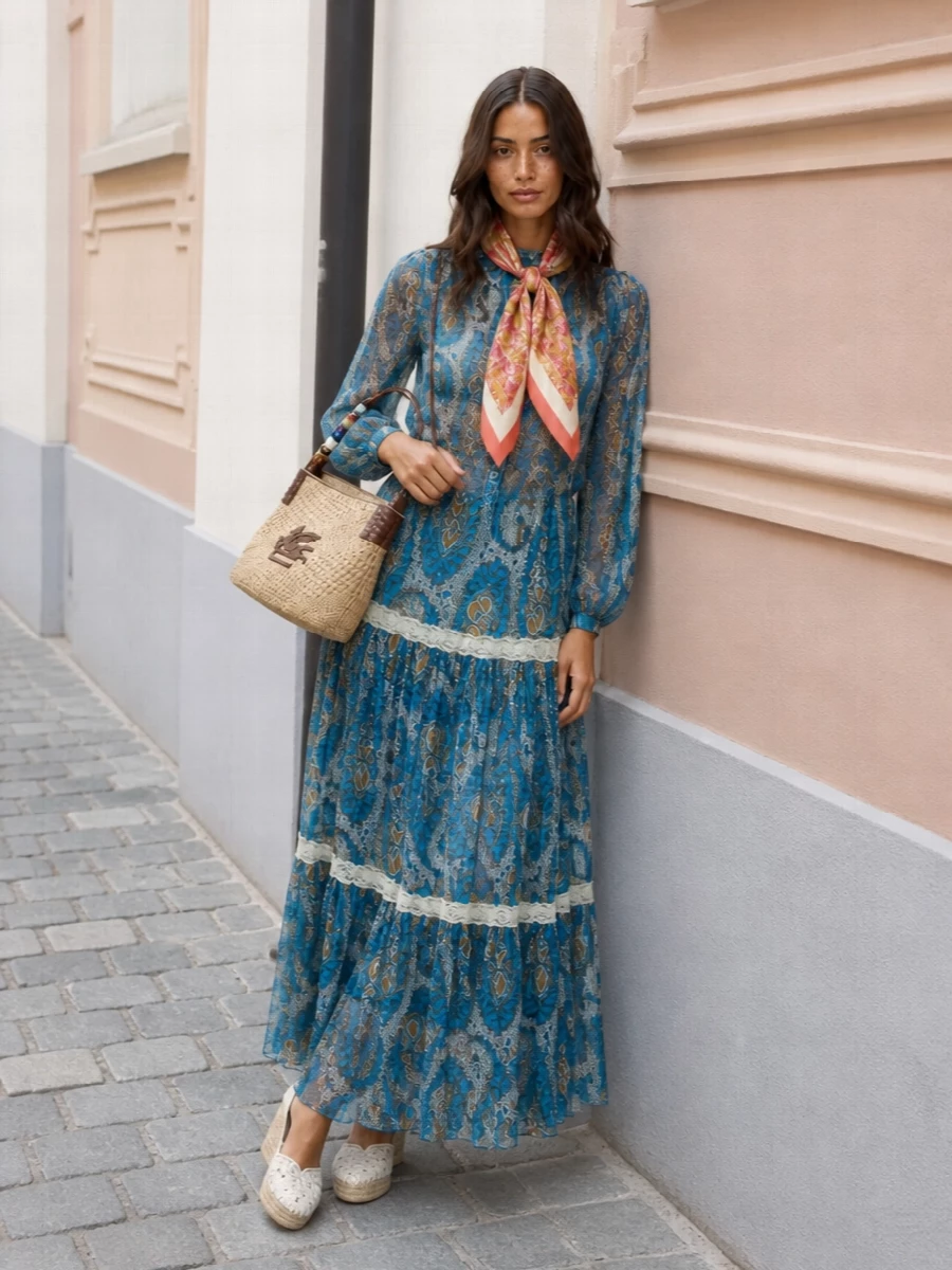 Etro paisley skirt outfit raffia bag wedges
