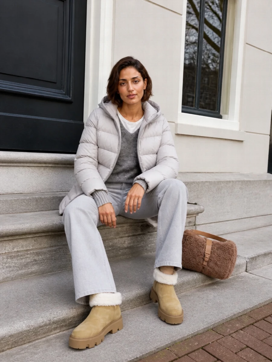 Herno parka grey jeans shearling boots