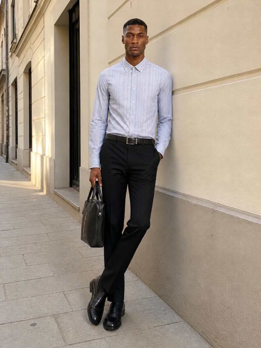 Paul smith striped shirt black trousers outfit