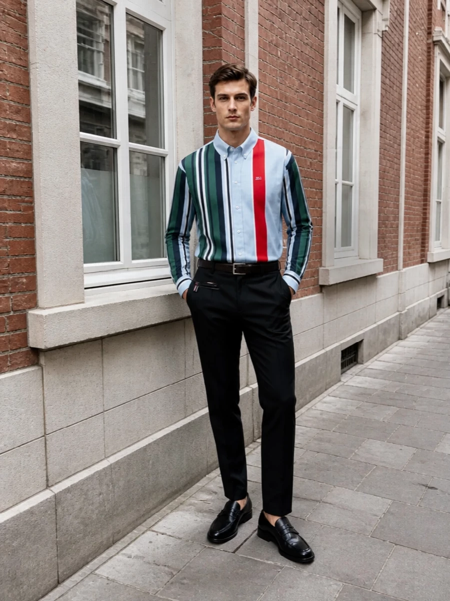 Loewe striped shirt black tailored trousers outfit