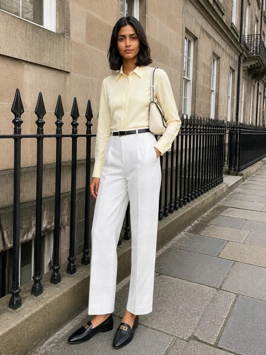 Max mara white trousers cream shirt outfit