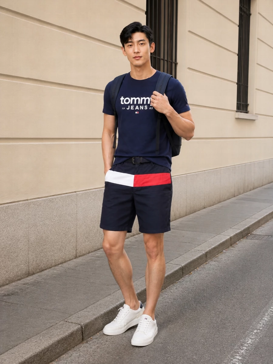 Tommy hilfiger navy tshirt chino shorts outfit