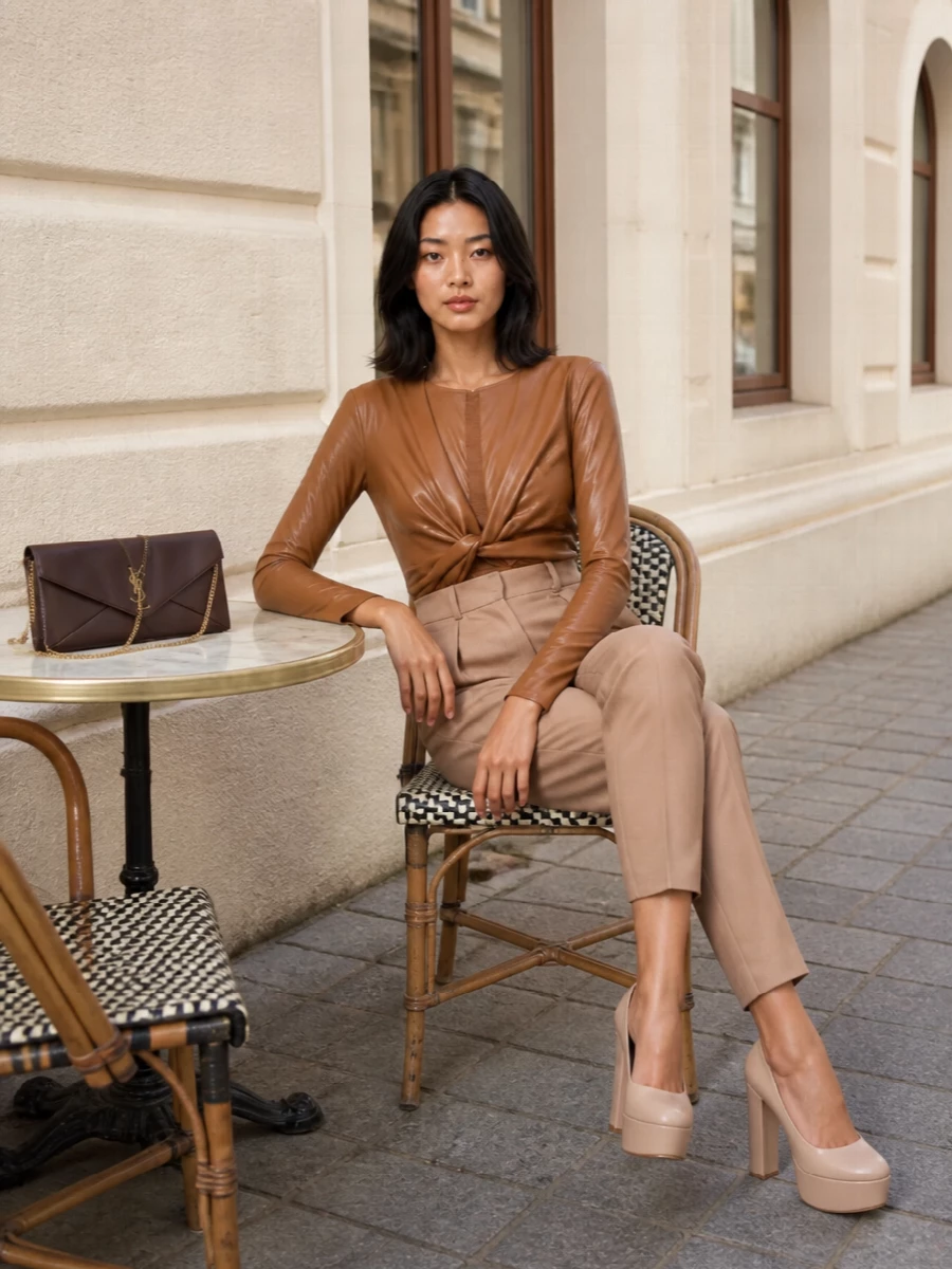 Elisabetta franchi bodysuit camel trousers outfit