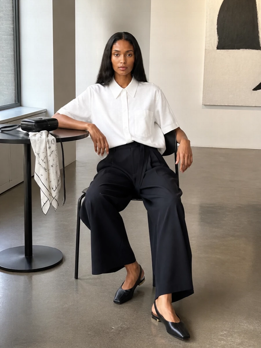 Mm6 wide leg trousers white cropped shirt outfit