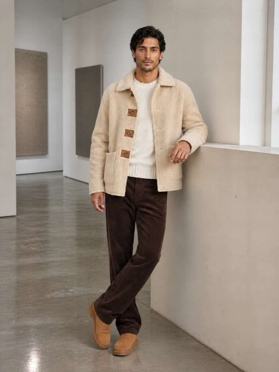 Dunst shearling jacket corduroy trousers outfit