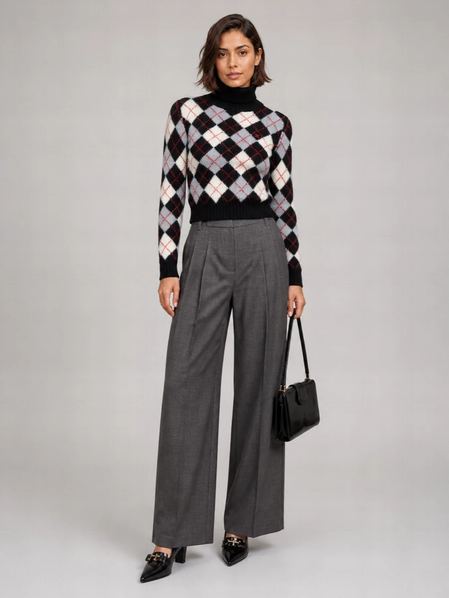 Celine Wool Ribbed Cropped Argyle Turtleneck Sweater