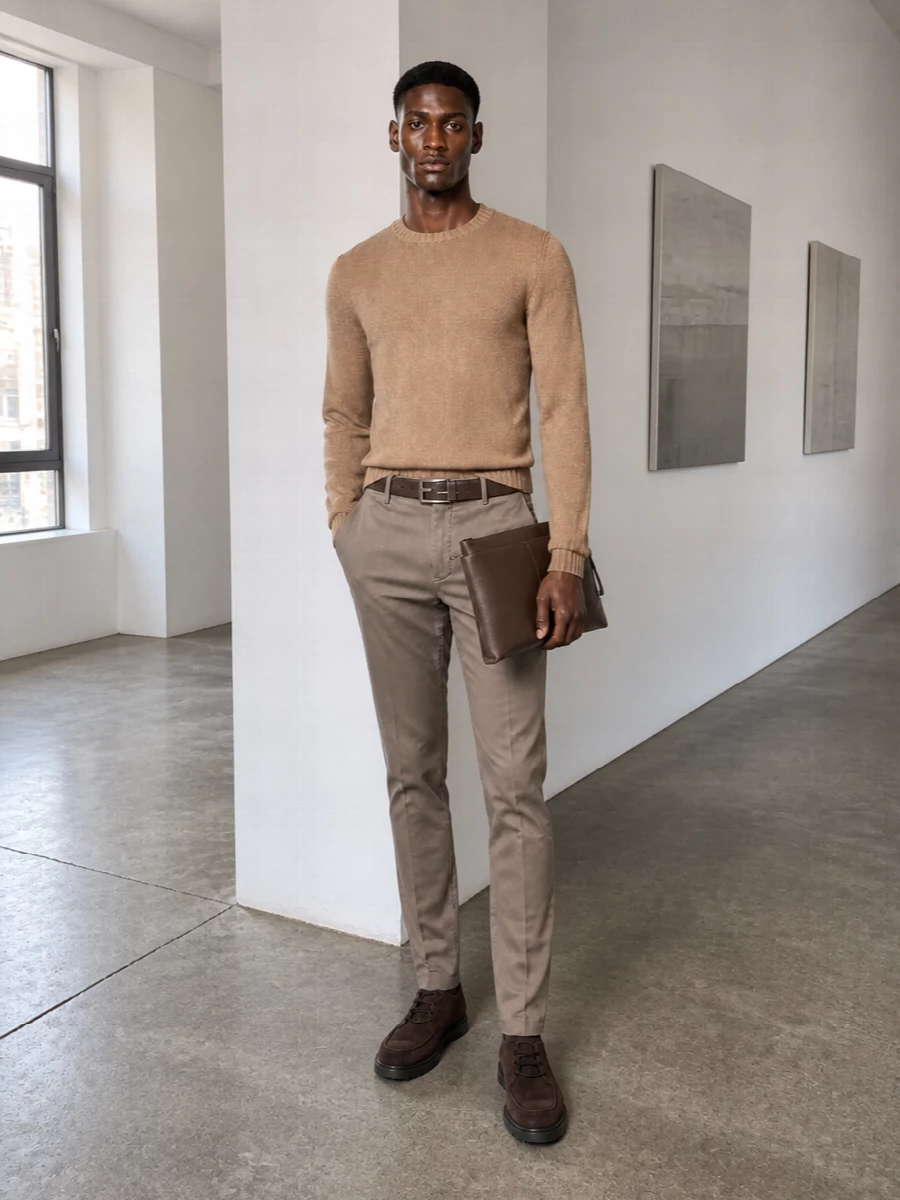 Taupe chinos and a camel crewneck create a soft, tonal base that reads smart but relaxed. Dark-brown suede chukkas and an espresso belt anchor the palette, while the taupe leather clutch keeps the line clean and discreet. The result is a quietly polished fall outfit that moves easily from office casual to dinner in the city.