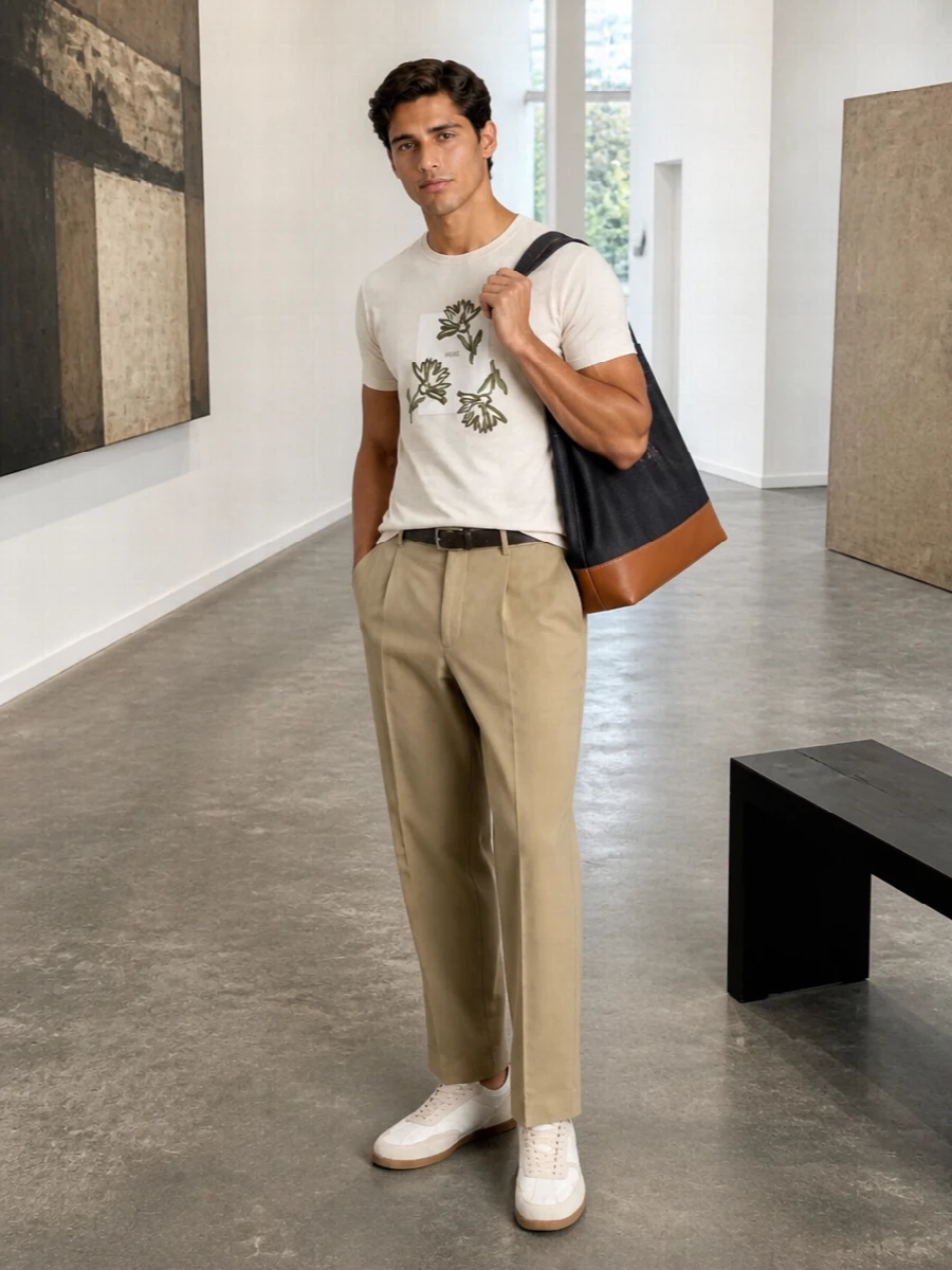 A warm beige floral tee sits over pleated khaki chinos for a clean, soft take on casual dressing. Off-white retro trainers keep everything light on the eye, while the indigo denim tote and suede belt add just enough structure for the city. The result is relaxed, romantic and understated, ideal for coffee runs, galleries or weekend lunches.