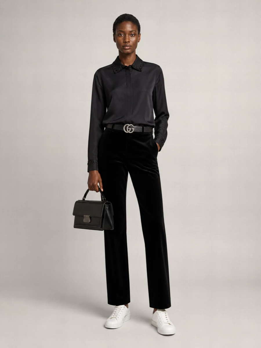 A monochrome Golden Goose ensemble in black focuses on line and texture, pairing the softly structured beaded shirt with precise velvet tailoring. Clean sneakers and a structured top-handle bag keep it modern and unfussy, while a slim silver-buckled belt adds just enough definition and quiet hardware to catch the light. It is the kind of outfit that feels relaxed in motion but reads considered the moment you step into the room.