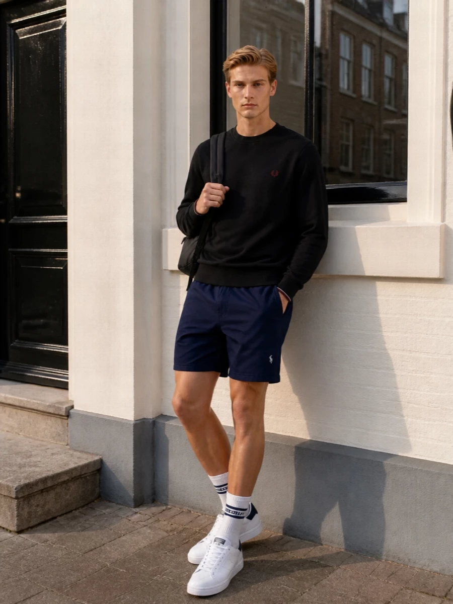 Fred perry sweatshirt navy shorts adidas sneakers