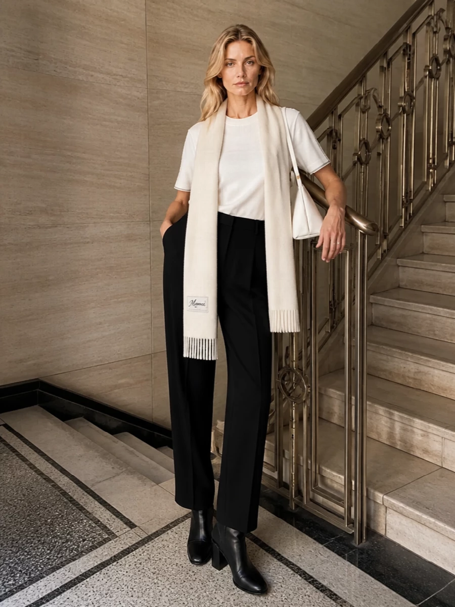 A crisp white Marni tee is grounded with high‑rise black tailored trousers for a clean, columnar base that feels sharp yet relaxed. Black sculptural ankle boots keep the line long and modern, while the triangular white shoulder bag and ivory scarf add subtle structure and softness within the same restrained palette. The result is minimalist city dressing with a quiet, art‑school edge that moves easily from daytime errands to low‑key dinners.