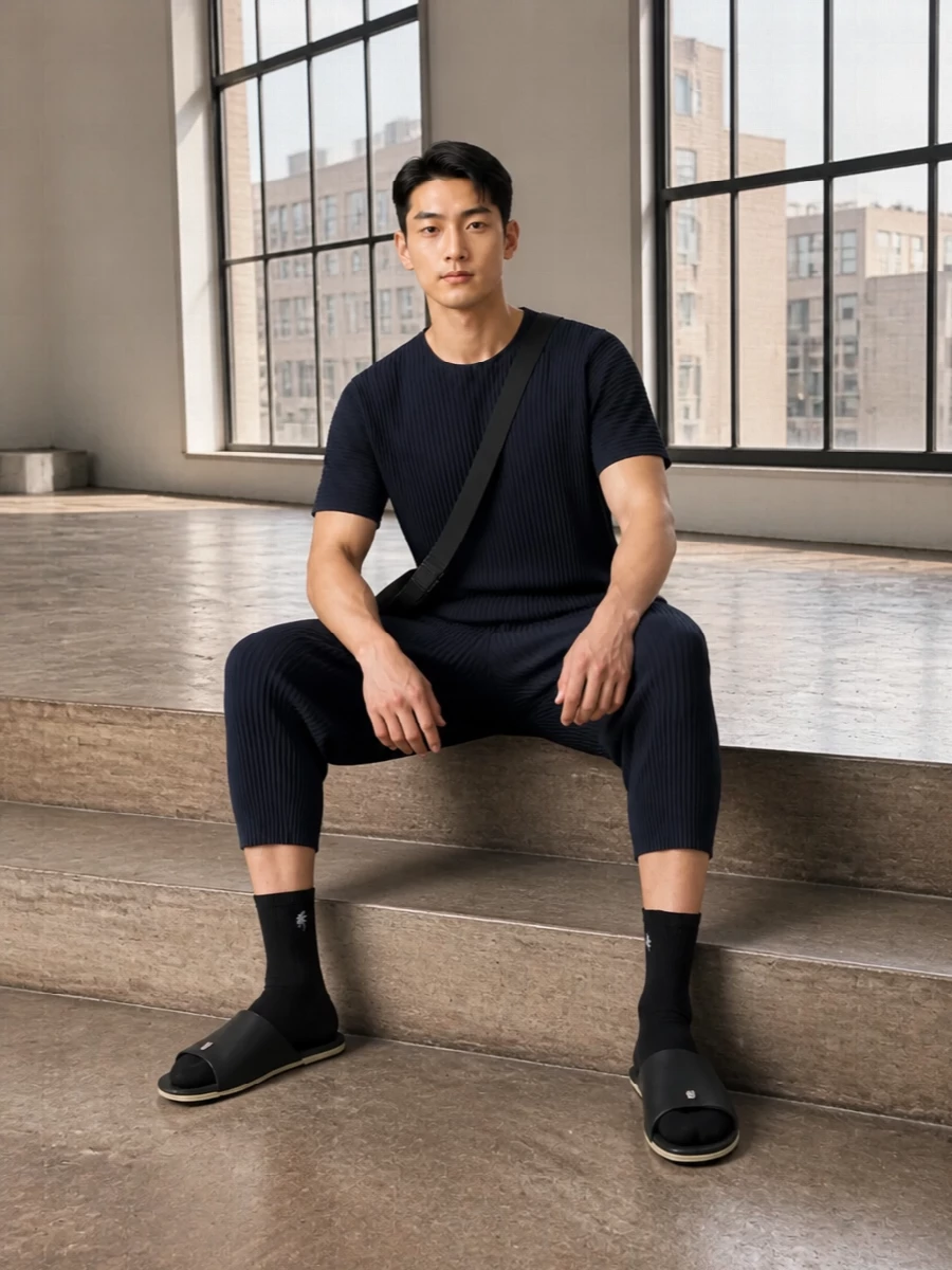 Homme plisse navy pleated shorts outfit slides