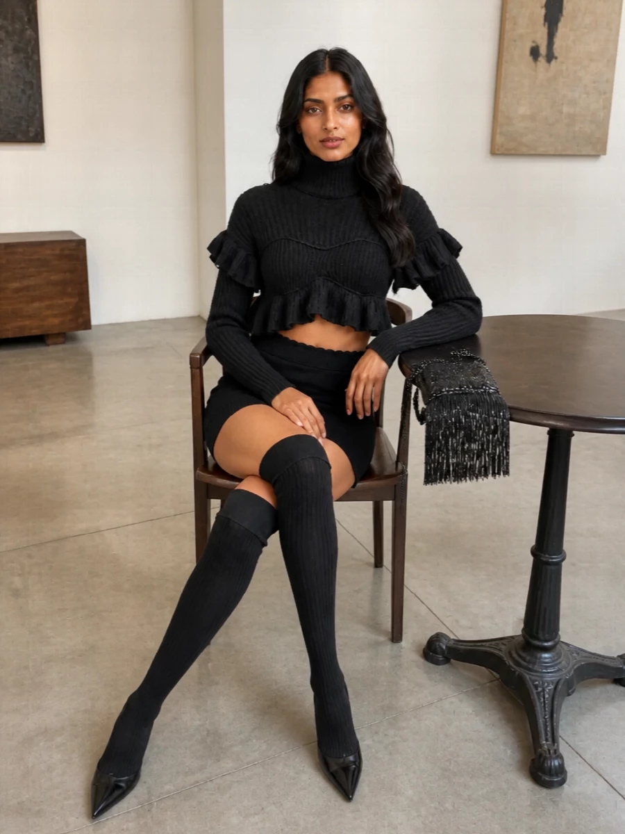 A romantic streetwear night outfit built entirely in black, pairing the ruffled cropped knit with a clean Chloé mini to keep the focus on sculpted texture. Knee-high sock boots carve a long, sharp line, while the fringed sequin mini bag adds just enough shimmer to match the knit’s drama. It feels bold, body-conscious, and ready for late dinners or city nights where knitwear still turns heads.