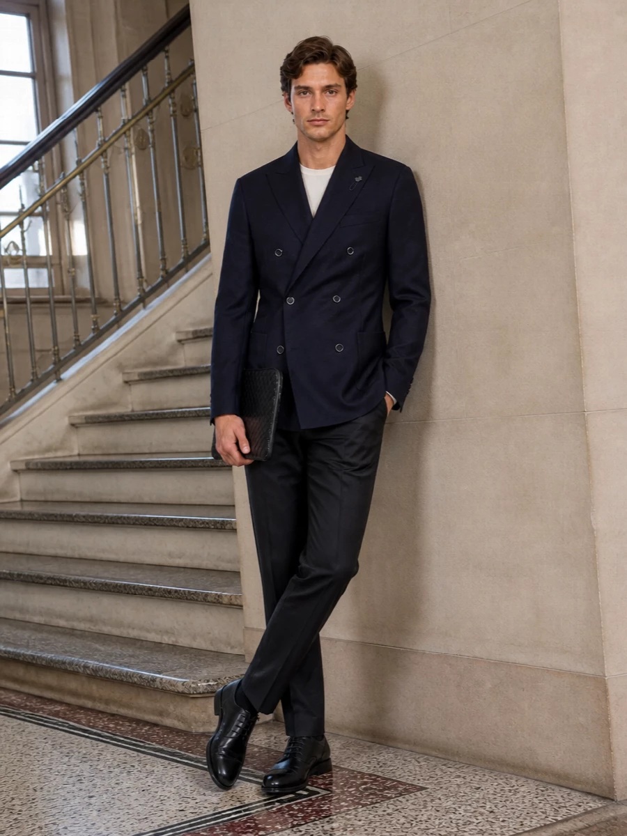 Lardini navy blazer charcoal trousers outfit